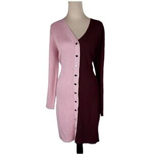 Womens Pink‎ Burgundy Ribbed Midi Sweater Dress Button Down XL Y2K Soft Girl